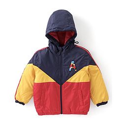 Babyhug Full Sleeves Padded & Hooded Jacket Color Block- Red & Navy