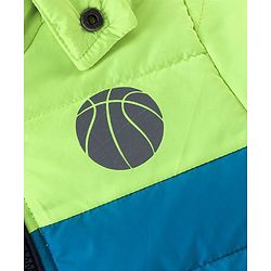 Babyhug Woven Full Sleeves Hooded Jacket Basket Ball Print - Blue & Green