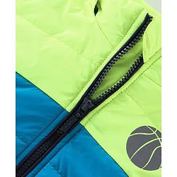 Babyhug Woven Full Sleeves Hooded Jacket Basket Ball Print - Blue & Green