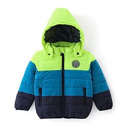 Babyhug Woven Full Sleeves Hooded Jacket Basket Ball Print - Blue & Green
