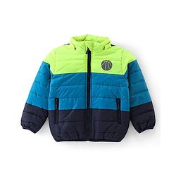 Babyhug Woven Full Sleeves Hooded Jacket Basket Ball Print - Blue & Green