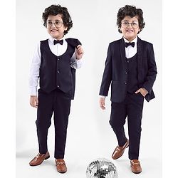 Babyhug Full Sleeves 4 Pieces Party Suit With Bow - Navy Blue
