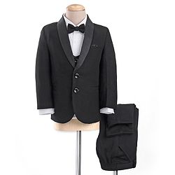 Babyhug Woven Full Sleeves Solid Party Suit with Waist Coat & Bow Tie - Black