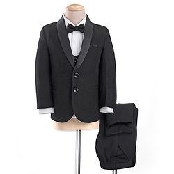 Babyhug Woven Full Sleeves Solid Party Suit with Waist Coat & Bow Tie - Black