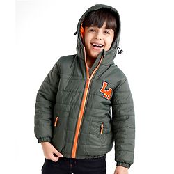 Babyhug Full Sleeves Padded & Hooded Jacket With Text Embroidery- Olive