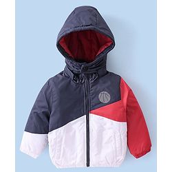 Babyhug Woven Full Sleeves Jacket With Detachable Hood - White Red & Blue