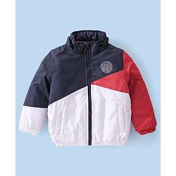 Babyhug Woven Full Sleeves Jacket With Detachable Hood - White Red & Blue