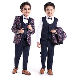 Babyhug Cotton Full Sleeves Party Wear Stretch Fit Suit With Blazer Floral Printed - Blue