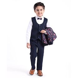 Babyhug Cotton Full Sleeves Party Wear Stretch Fit Suit With Blazer Floral Printed - Blue