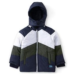 Babyhug Full Sleeves Jacket With Detachable Hood & Colour Block Pattern - Blue White & Green