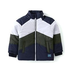 Babyhug Full Sleeves Jacket With Detachable Hood & Colour Block Pattern - Blue White & Green