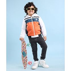 Babyhug Full Sleeves Hoodie With Colour Block Pattern - Blue White & Orange