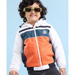 Babyhug Full Sleeves Hoodie With Colour Block Pattern - Blue White & Orange