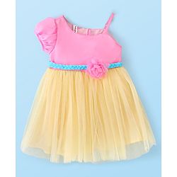 Babyhug Woven One Shouldered Sleeve Mesh Party Frock with Floral Applique - Pink