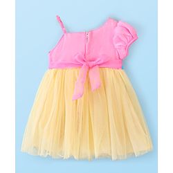 Babyhug Woven One Shouldered Sleeve Mesh Party Frock with Floral Applique - Pink