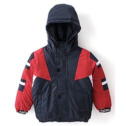 Babyhug Woven Full Sleeves Jacket With Hood - Red & Navy Blue