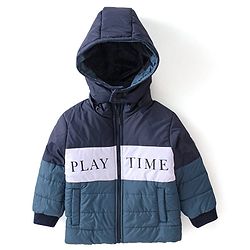 Babyhug Woven Full Sleeves Jacket With Detachable Hood & Text Print - Blue & White