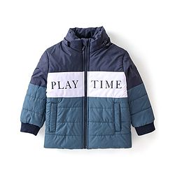 Babyhug Woven Full Sleeves Jacket With Detachable Hood & Text Print - Blue & White