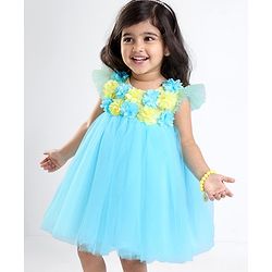 Babyhug Flutter Sleeves with Floral Applique in Yoke Party Frock - Light Blue