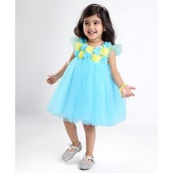 Babyhug Flutter Sleeves with Floral Applique in Yoke Party Frock - Light Blue