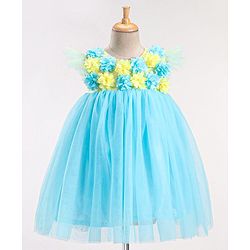 Babyhug Flutter Sleeves with Floral Applique in Yoke Party Frock - Light Blue