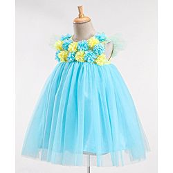 Babyhug Flutter Sleeves with Floral Applique in Yoke Party Frock - Light Blue