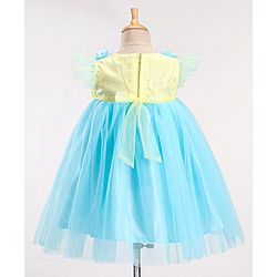 Babyhug Flutter Sleeves with Floral Applique in Yoke Party Frock - Light Blue