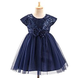 Babyhug Cap Sleeves Sequinned Yoke Party Frock with Bow Applique -Navy Blue