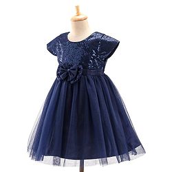 Babyhug Cap Sleeves Sequinned Yoke Party Frock with Bow Applique -Navy Blue