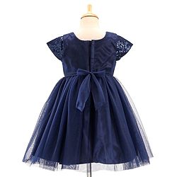 Babyhug Cap Sleeves Sequinned Yoke Party Frock with Bow Applique -Navy Blue
