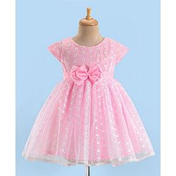 Babyhug Woven Half Sleeves Party Frock With Floral Embroidery & Bow Applique - Pink