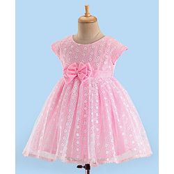 Babyhug Woven Half Sleeves Party Frock With Floral Embroidery & Bow Applique - Pink