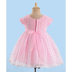 Babyhug Woven Half Sleeves Party Frock With Floral Embroidery & Bow Applique - Pink