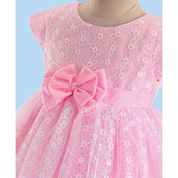 Babyhug Woven Half Sleeves Party Frock With Floral Embroidery & Bow Applique - Pink