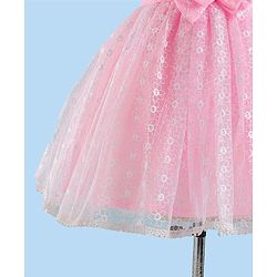 Babyhug Woven Half Sleeves Party Frock With Floral Embroidery & Bow Applique - Pink