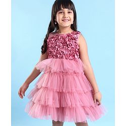Babyhug Sleeveless Layered Party Frock with Floral Corsage - Pink