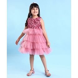 Babyhug Sleeveless Layered Party Frock with Floral Corsage - Pink