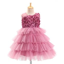 Babyhug Sleeveless Layered Party Frock with Floral Corsage - Pink