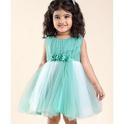 Babyhug Sleeveless Mesh Party Frock with Floral Applique - Blue