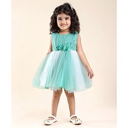 Babyhug Sleeveless Mesh Party Frock with Floral Applique - Blue