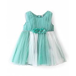 Babyhug Sleeveless Mesh Party Frock with Floral Applique - Blue