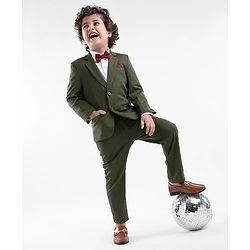 Babyhug Cotton Full Sleeves Party Wear Stretch Fit Suit With Blazer Solid - Olive