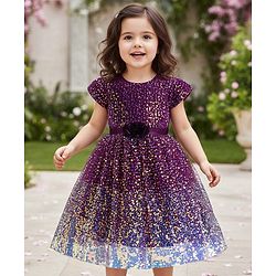 Babyhug Cap Sleeves All Over Sequin Embroidery Party Frock with Floral Corsage - Purple