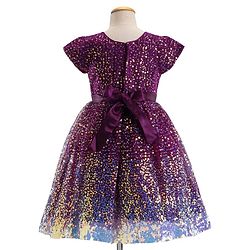 Babyhug Cap Sleeves All Over Sequin Embroidery Party Frock with Floral Corsage - Purple