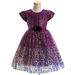Babyhug Cap Sleeves All Over Sequin Embroidery Party Frock with Floral Corsage - Purple