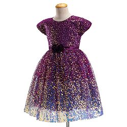 Babyhug Cap Sleeves All Over Sequin Embroidery Party Frock with Floral Corsage - Purple