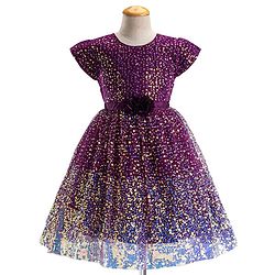 Babyhug Cap Sleeves All Over Sequin Embroidery Party Frock with Floral Corsage - Purple