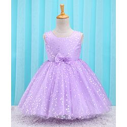 Babyhug Sleeveless Party Frock With Foil Print & Bow Applique- Lilac