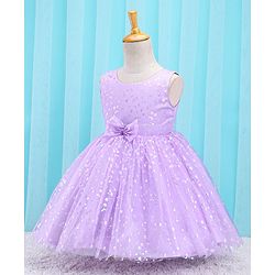 Babyhug Sleeveless Party Frock With Foil Print & Bow Applique- Lilac