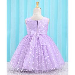 Babyhug Sleeveless Party Frock With Foil Print & Bow Applique- Lilac